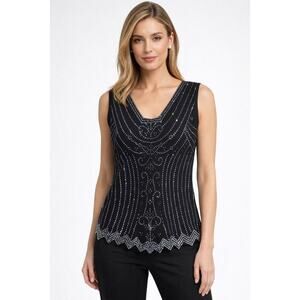 Vintage MSK Women’s Beaded Sparkly Black Sleeveless Art DecoTop – Size Small